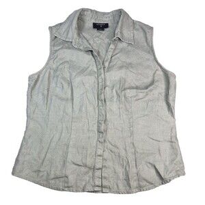 VTG 00s Studio G Womens 100% Linen Top L Sleeveless Button Up Sage Green Y2K